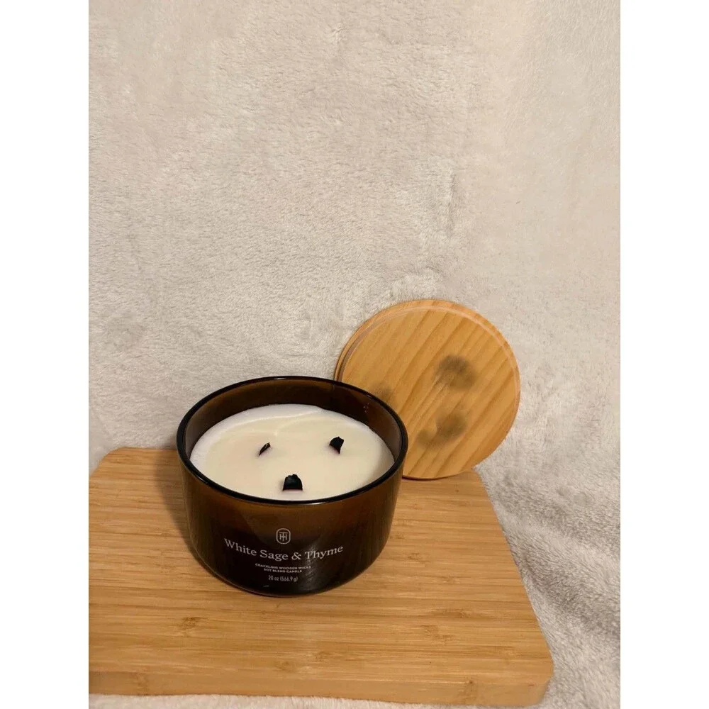 Threshold 3-Wick White Sage Thyme Candle 20oz Amber Glass Wooden Wick Used